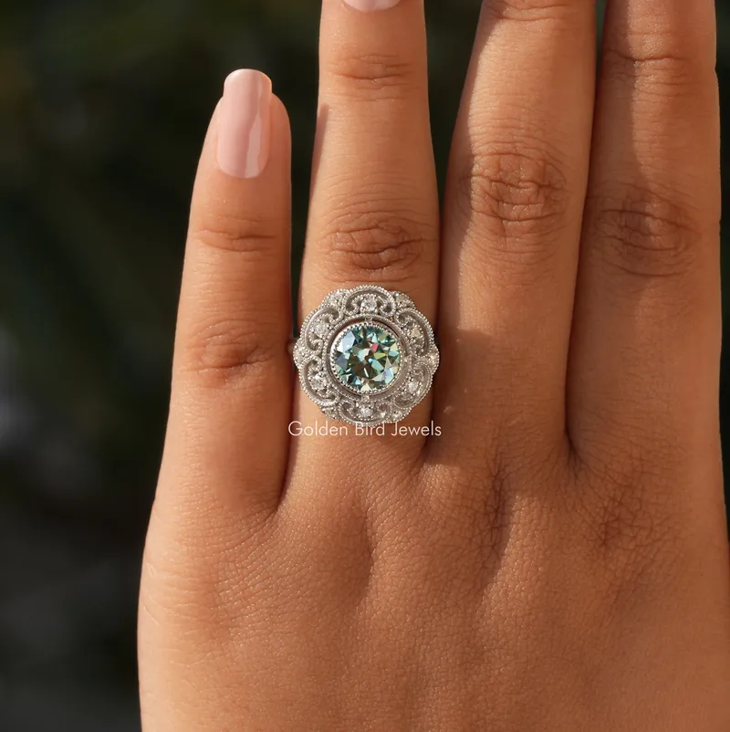Blue Old Europen Round Cut Vintage Moissanite Ring blue engagement ring