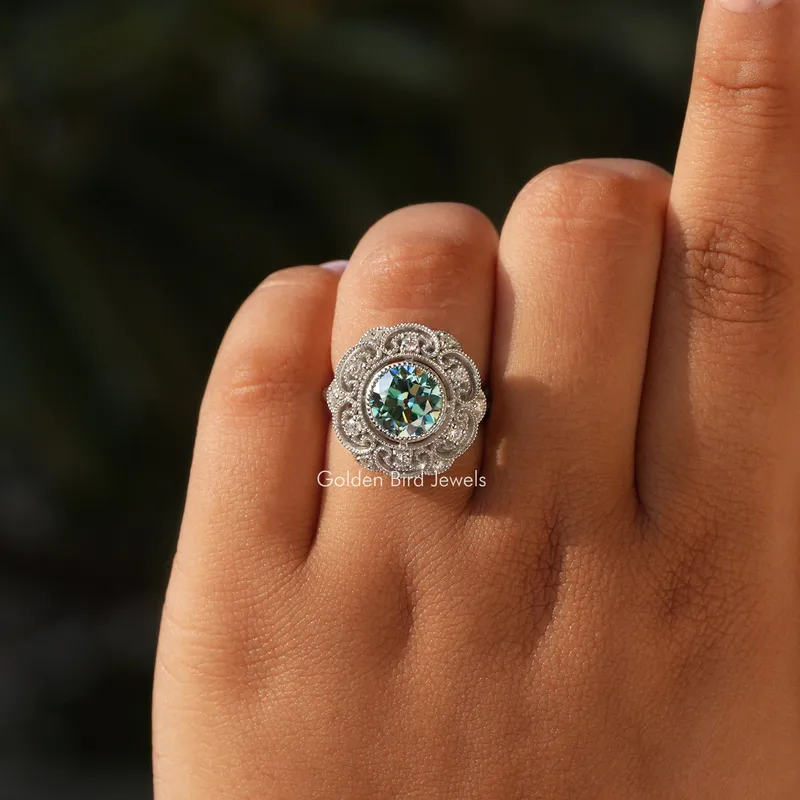 Blue Old Europen Round Cut Vintage Moissanite Ring vy 6