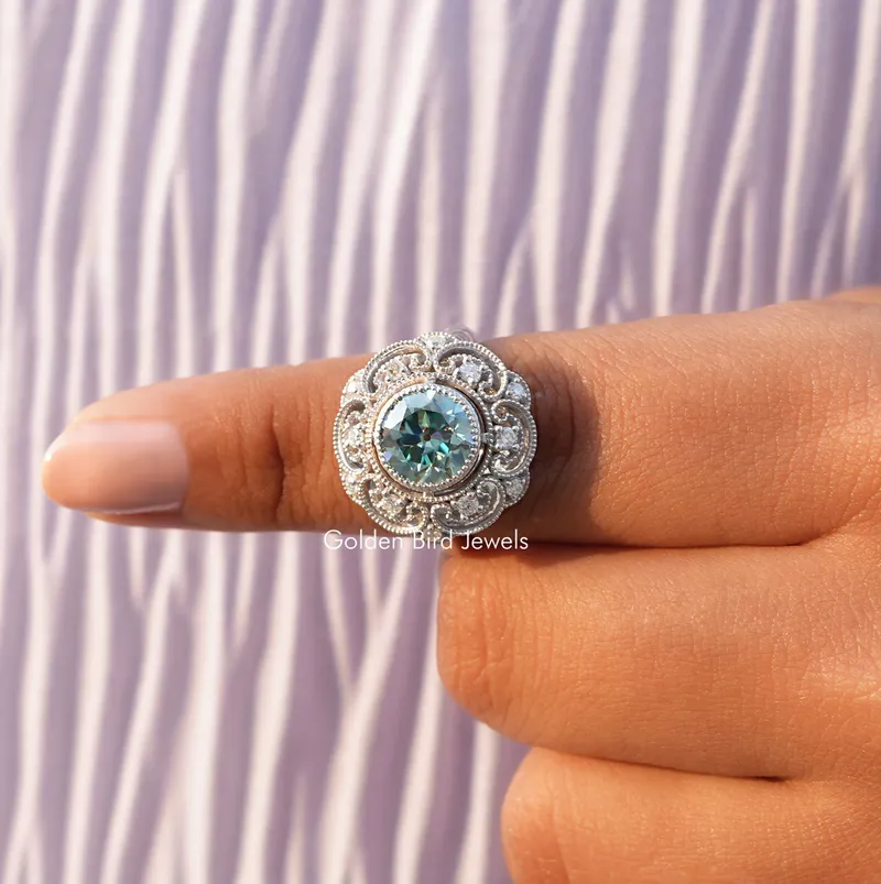 Blue Old Europen Round Cut Vintage Moissanite Ring vy 8