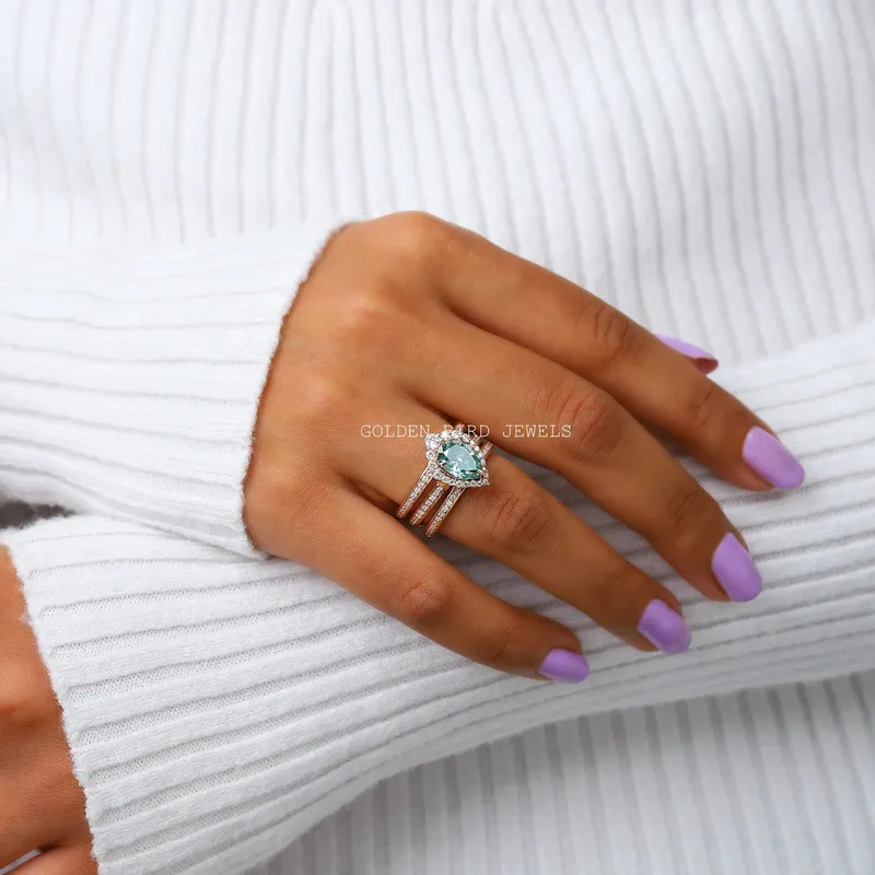 Blue Pear Cut Moissanite Wedding Ring Set view 2