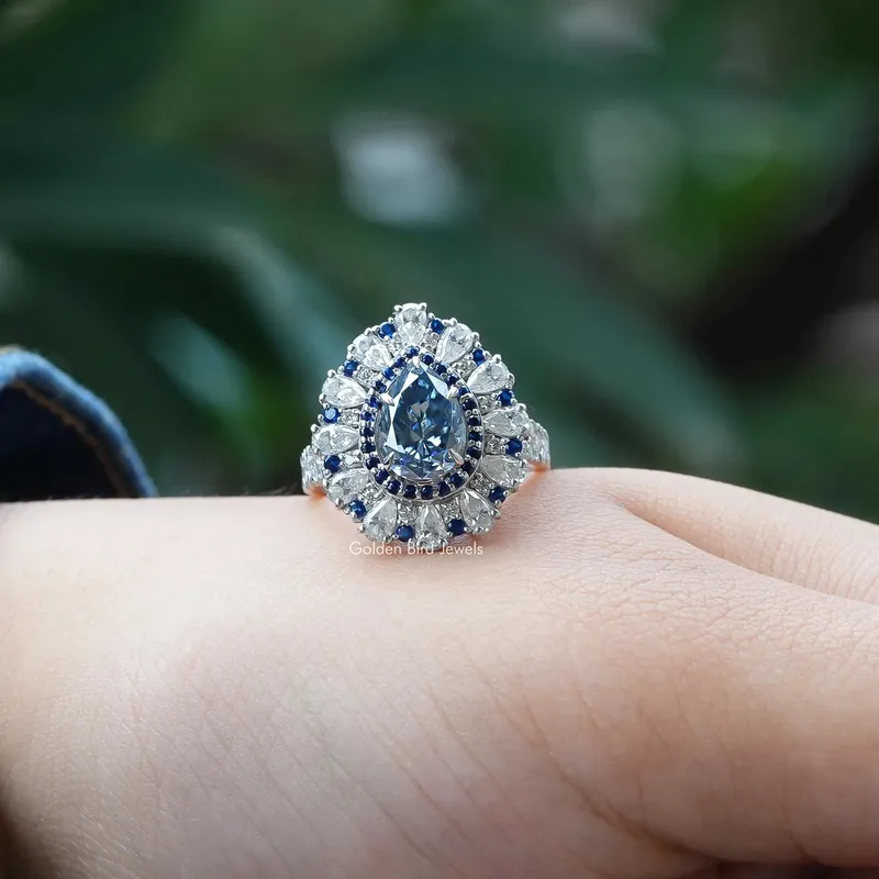 Blue Pear Moissanite Halo Engagement Ring view 2