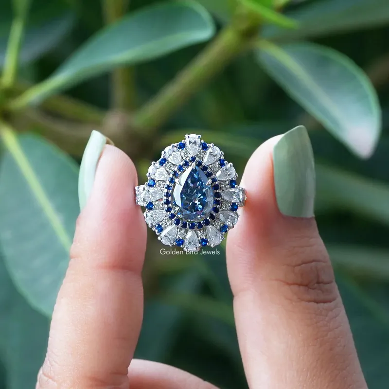 Blue Pear Moissanite Halo Engagement Ring blue pear cut engagement ring