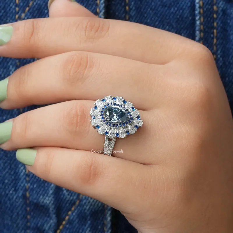 Blue Pear Moissanite Halo Engagement Ring view 6