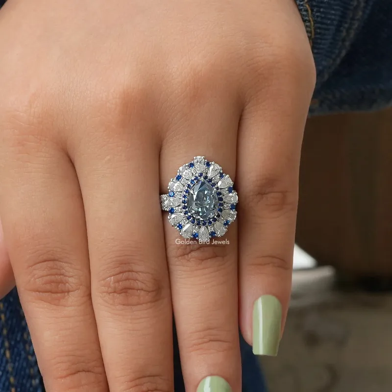 Blue Pear Moissanite Halo Engagement Ring view 7