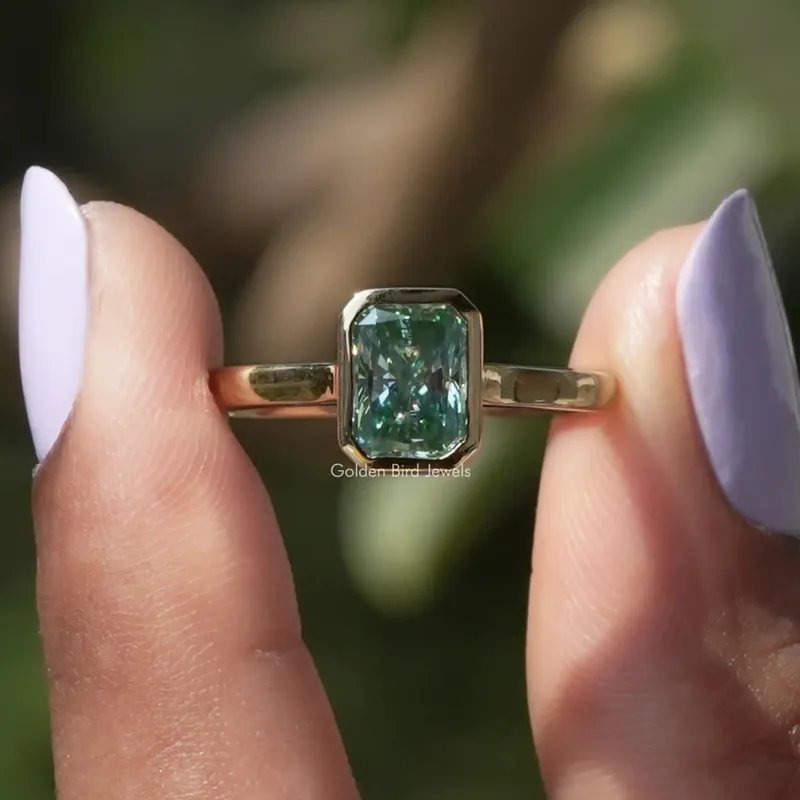 Blue Radiant Cut Moissanite Bezel Set Engagement Ring blue engagement ring