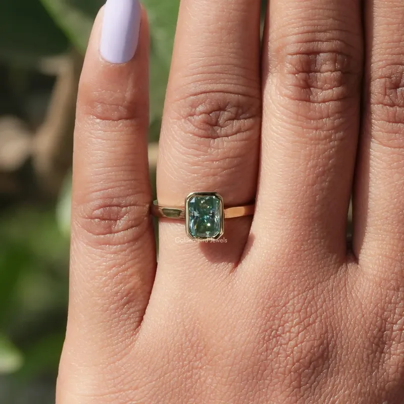 Blue Radiant Cut Moissanite Bezel Set Engagement Ring vy 6