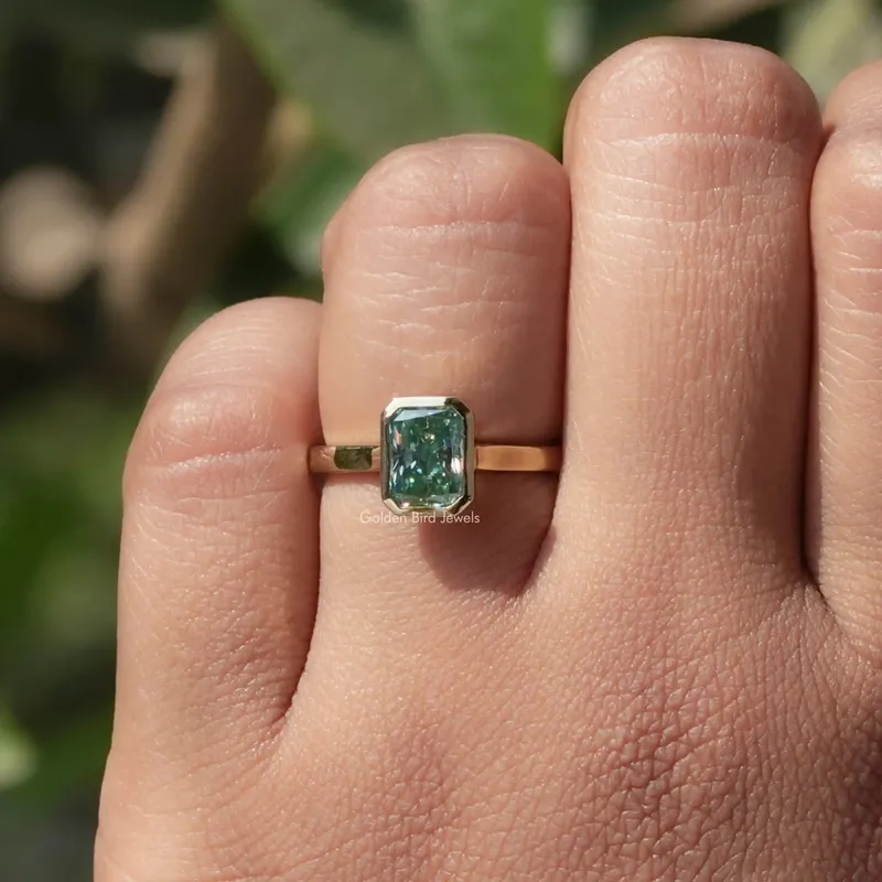 Blue Radiant Cut Moissanite Bezel Set Engagement Ring vy 4