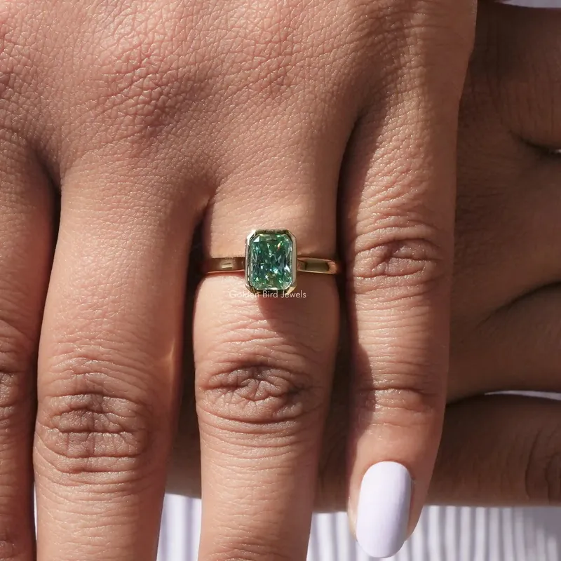 Blue Radiant Cut Moissanite Bezel Set Engagement Ring vy 8