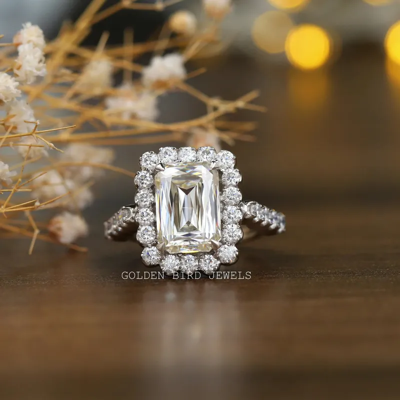 Colorless Criss Cut Moissanite Engagement Halo Ring round cut engagement ring