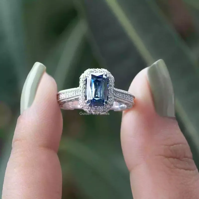 Criss Cut Sapphire Blue Moissanite Double Halo Ring blue sapphire engagement ring