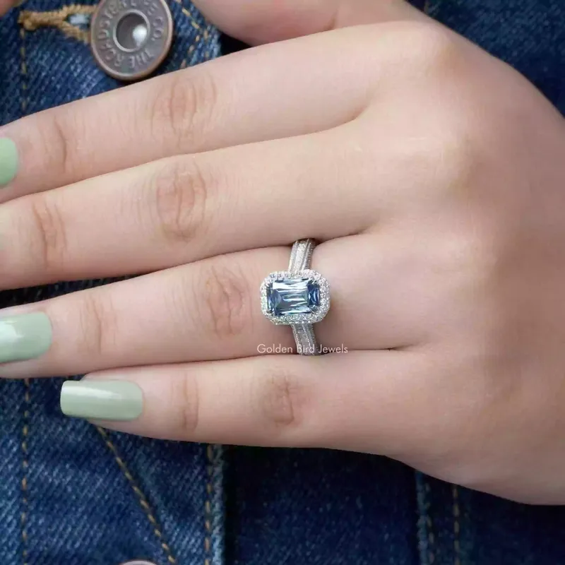 Criss Cut Sapphire Blue Moissanite Double Halo Ring view 7