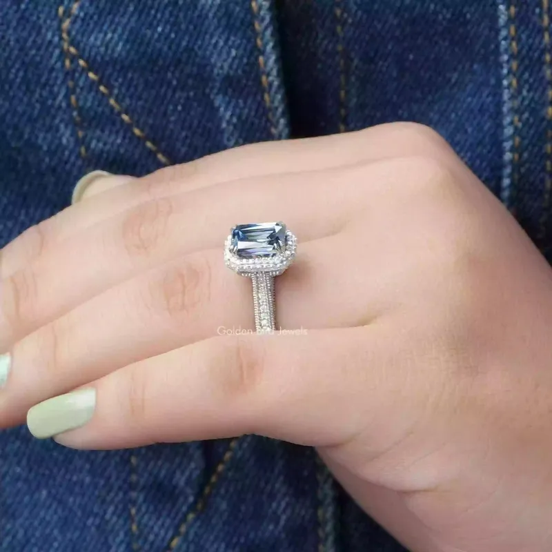 Criss Cut Sapphire Blue Moissanite Double Halo Ring view 6