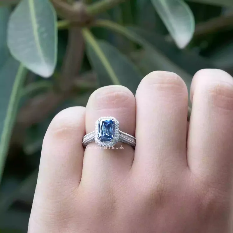 Criss Cut Sapphire Blue Moissanite Double Halo Ring view 3
