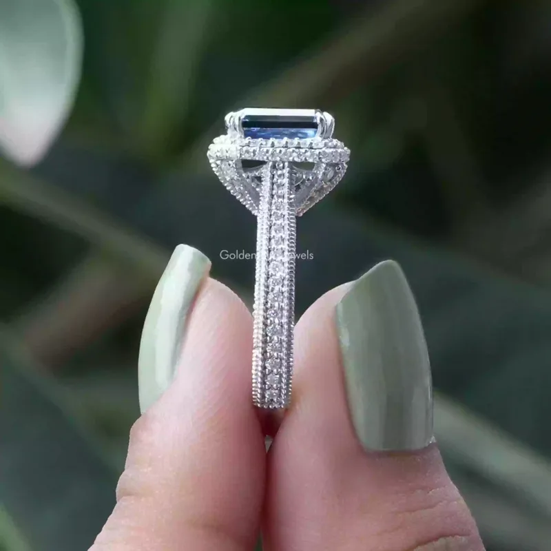 Criss Cut Sapphire Blue Moissanite Double Halo Ring view 2