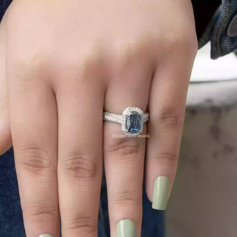 Criss Cut Sapphire Blue Moissanite Double Halo Ring view 4