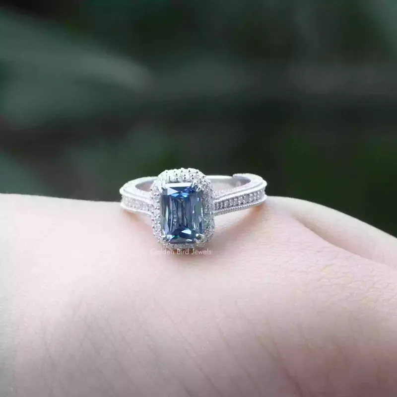 Criss Cut Sapphire Blue Moissanite Double Halo Ring view 5