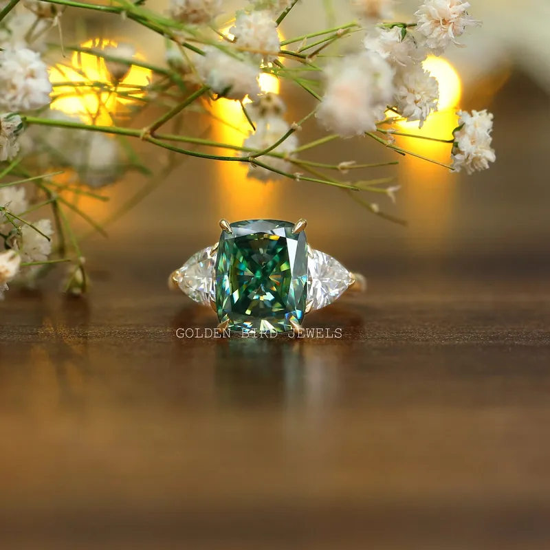 Cushion And Trillion Cut Three Stone Engagement Ring blue cushion cut engagement ring