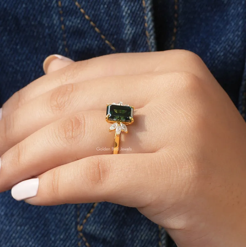 Dark Green Emerald And Marquise Cut Engagement Ring view 7