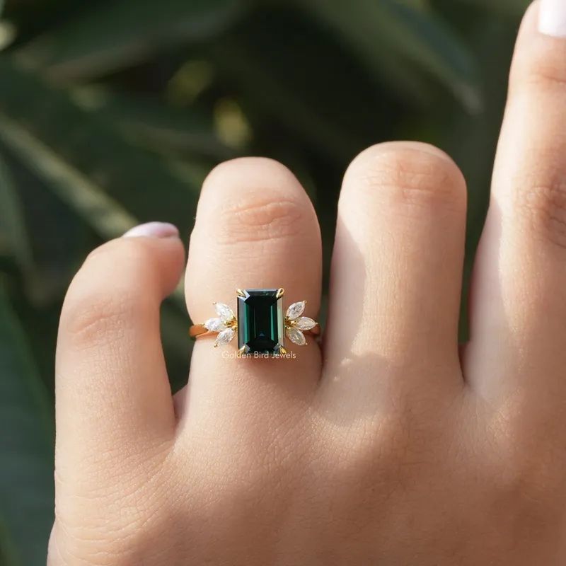 Dark Green Emerald And Marquise Cut Engagement Ring view 3