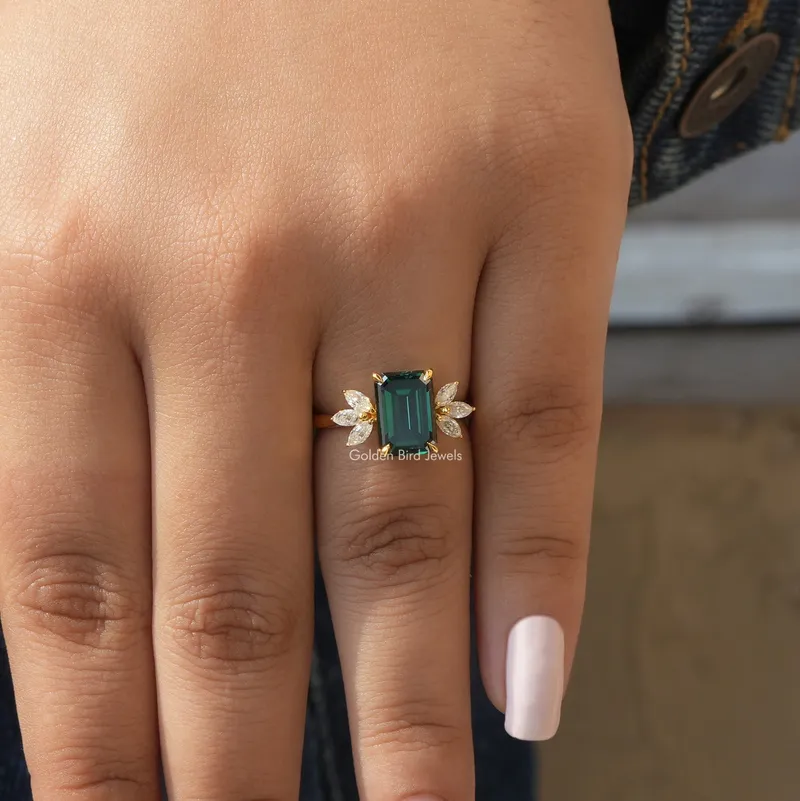 Dark Green Emerald And Marquise Cut Engagement Ring view 8