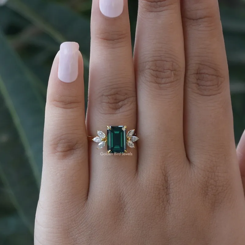 Dark Green Emerald And Marquise Cut Engagement Ring view 4