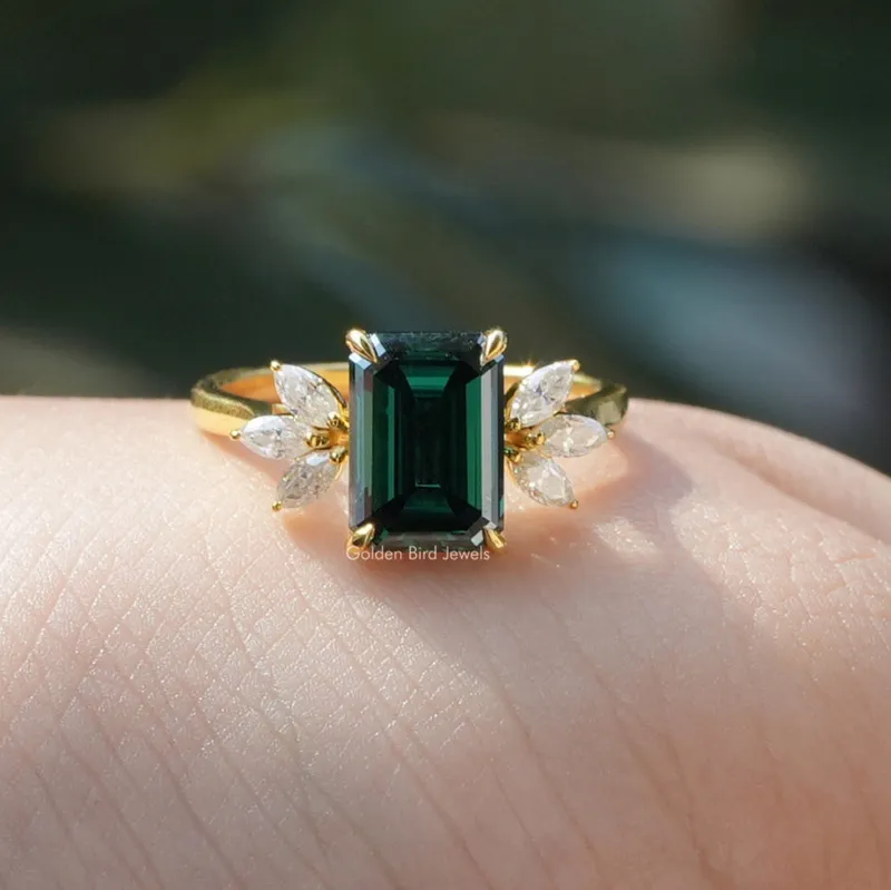 Dark Green Emerald And Marquise Cut Engagement Ring view 5