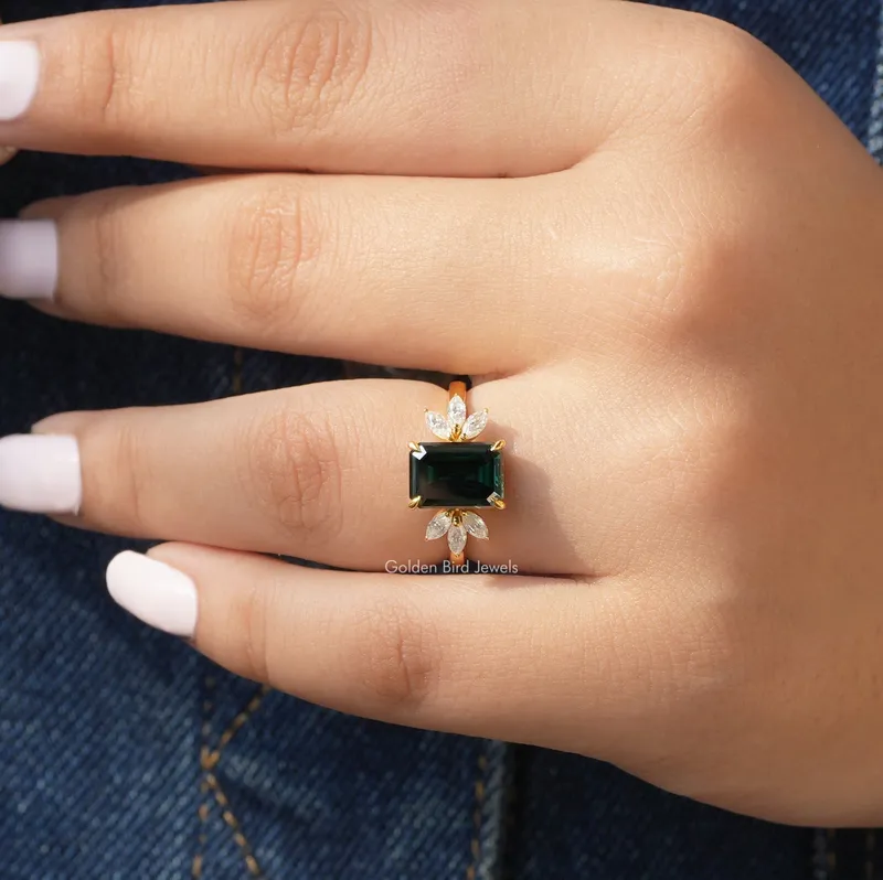 Dark Green Emerald And Marquise Cut Engagement Ring view 6