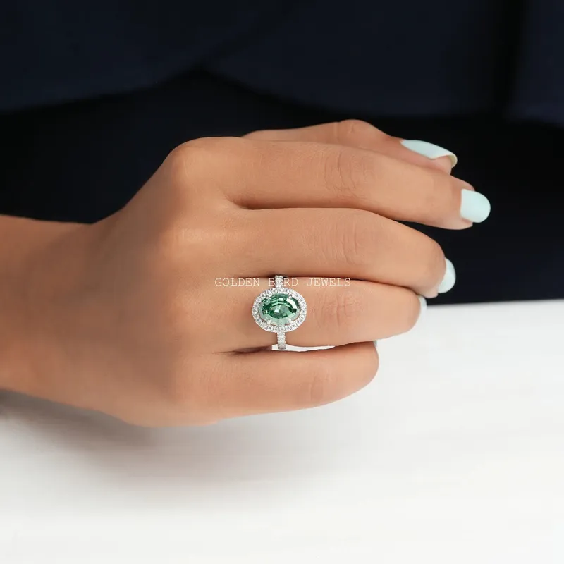 Dark Green Step Cut Oval Moissanite Halo Engagement Ring view 4