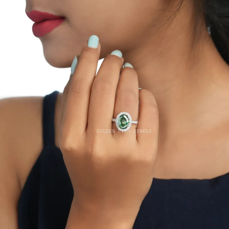 Dark Green Step Cut Oval Moissanite Halo Engagement Ring view 2