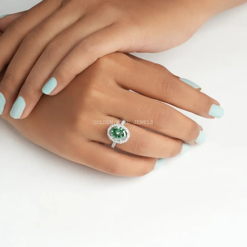 Dark Green Step Cut Oval Moissanite Halo Engagement Ring view 5