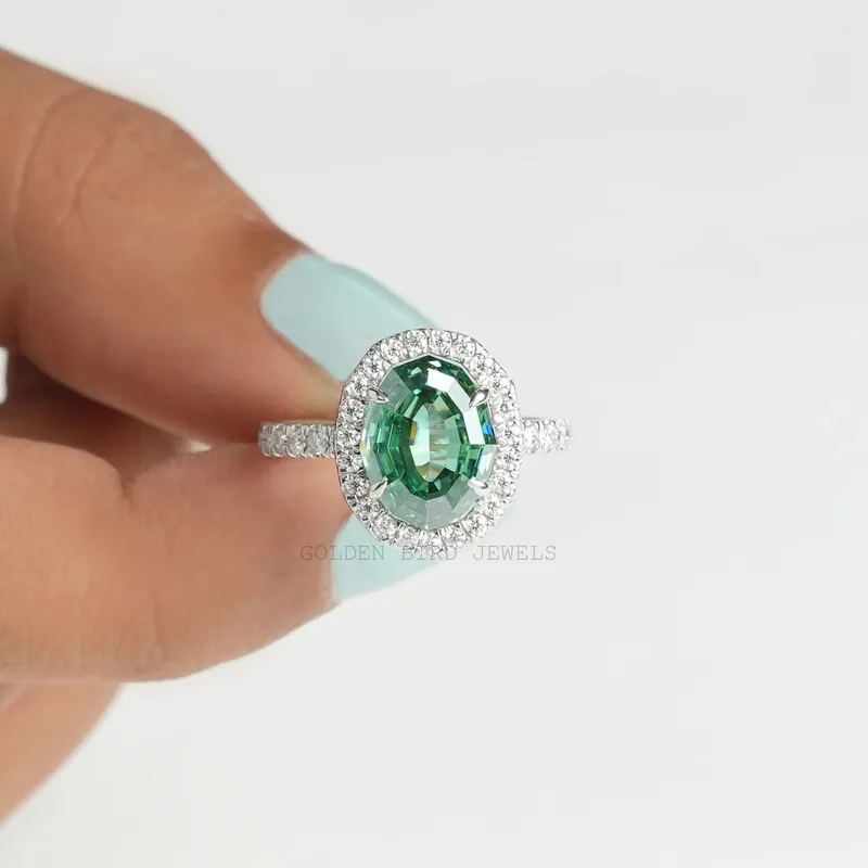 Dark Green Step Cut Oval Moissanite Halo Engagement Ring view 6