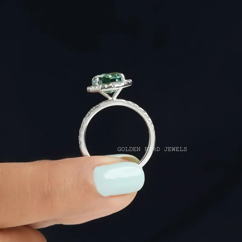 Dark Green Step Cut Oval Moissanite Halo Engagement Ring view 7