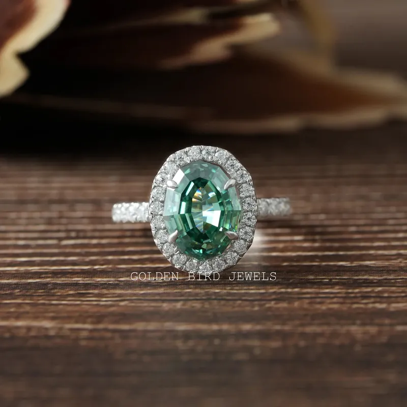 Dark Green Step Cut Oval Moissanite Halo Engagement Ring green oval cut engagement ring