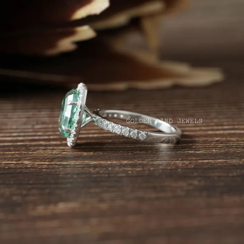 Dark Green Step Cut Oval Moissanite Halo Engagement Ring view 8
