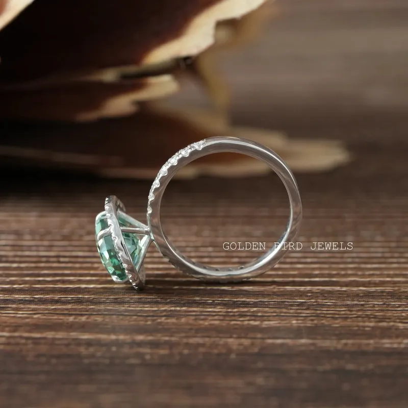 Dark Green Step Cut Oval Moissanite Halo Engagement Ring view 9