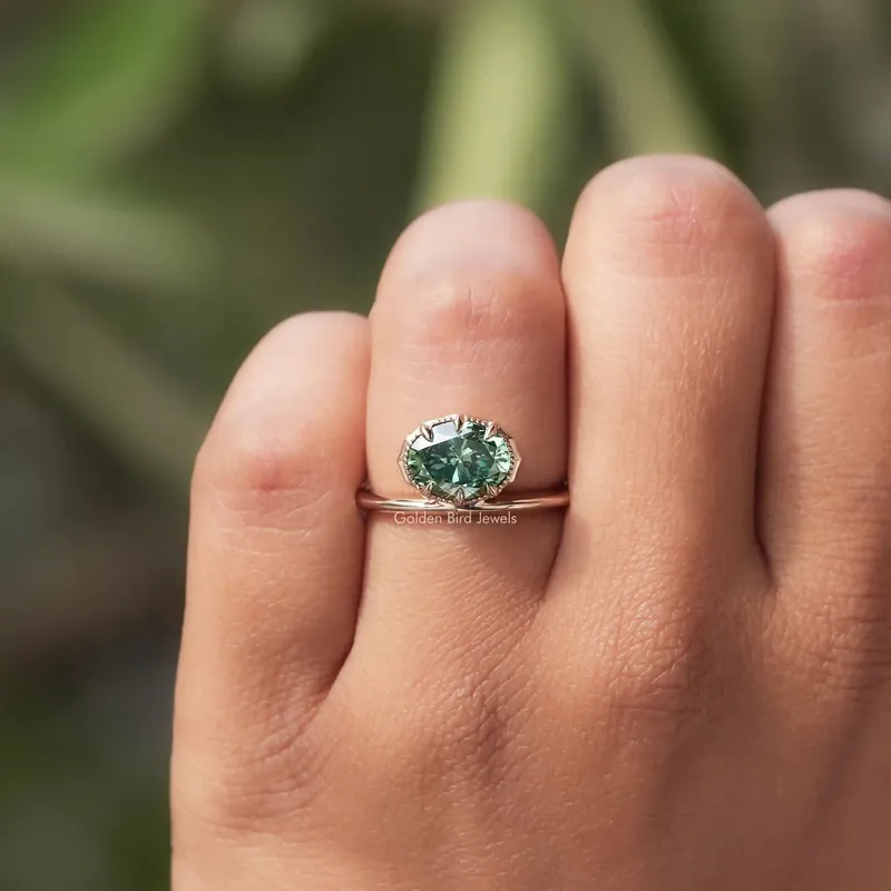 East West Dark Green Oval Cut Moissanite Solitaire Ring vy 4