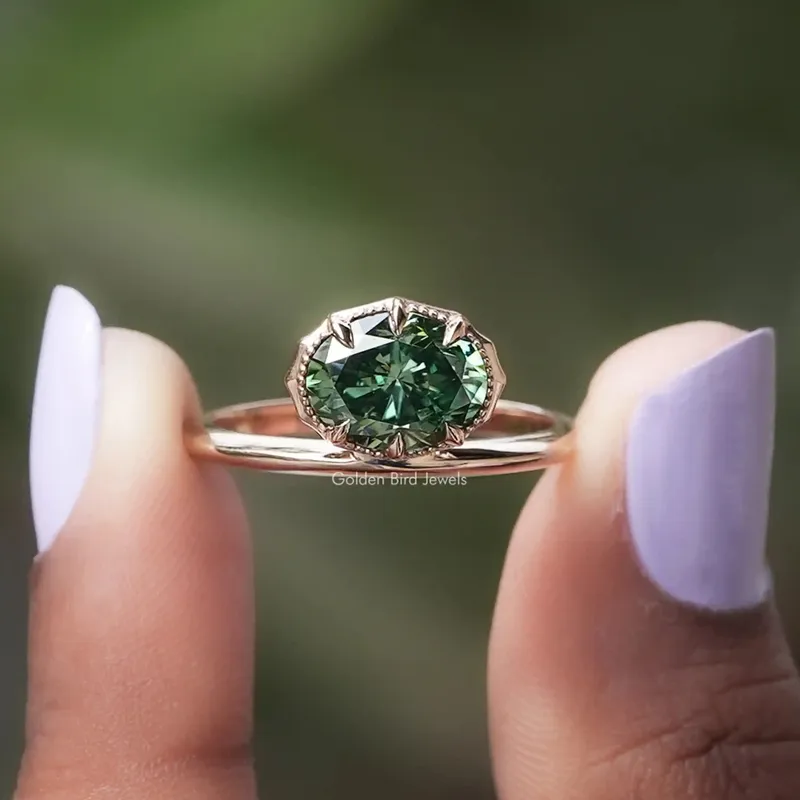 East West Dark Green Oval Cut Moissanite Solitaire Ring green oval cut engagement ring