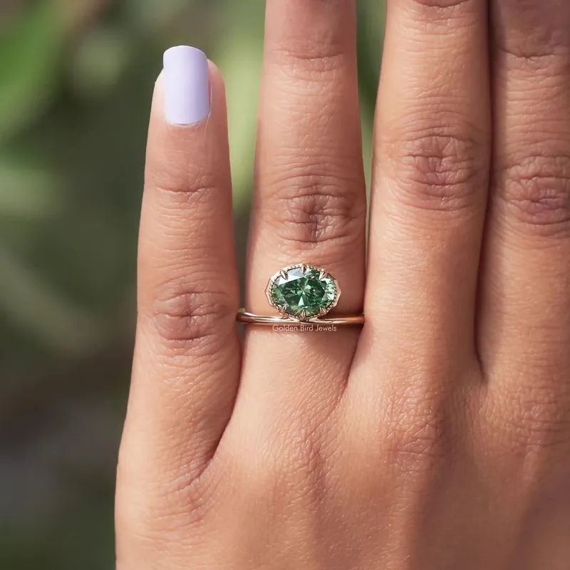 East West Dark Green Oval Cut Moissanite Solitaire Ring vy 5