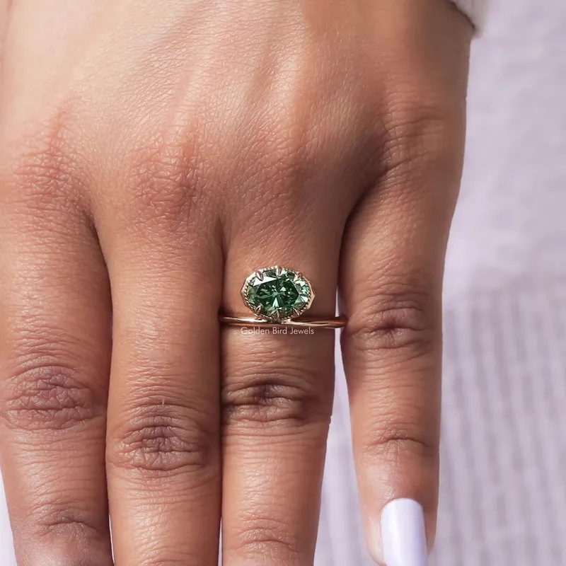 East West Dark Green Oval Cut Moissanite Solitaire Ring vy 7