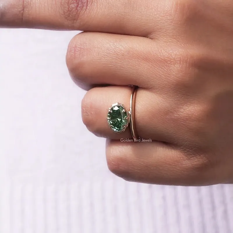 East West Dark Green Oval Cut Moissanite Solitaire Ring vy 8