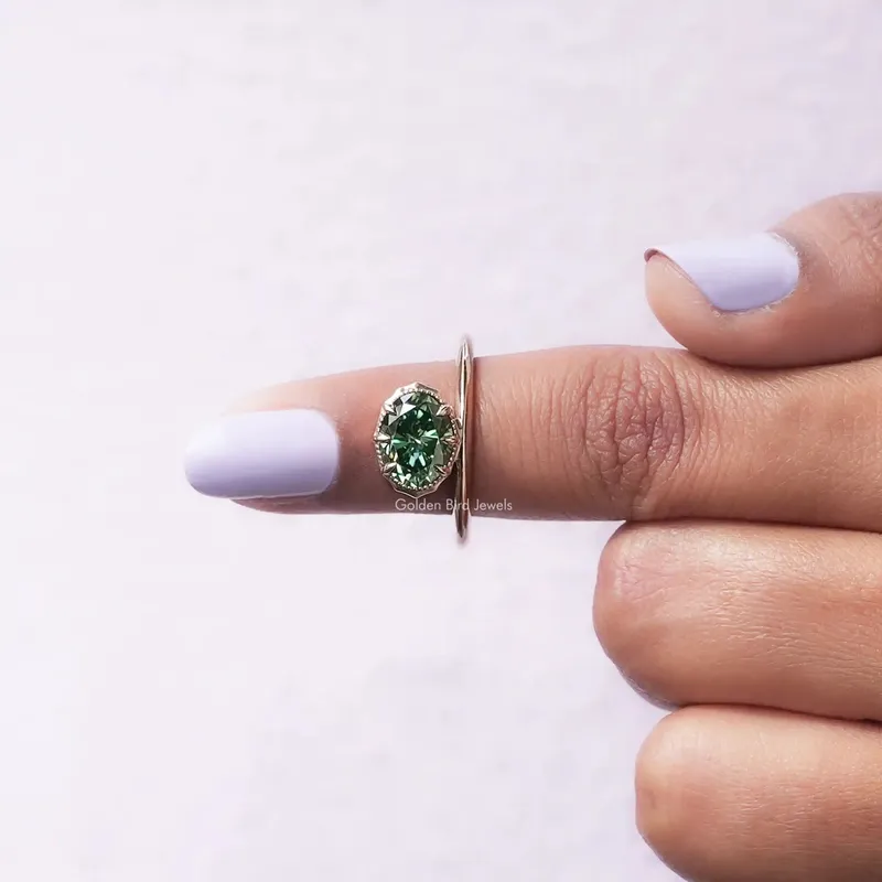 East West Dark Green Oval Cut Moissanite Solitaire Ring vy 6