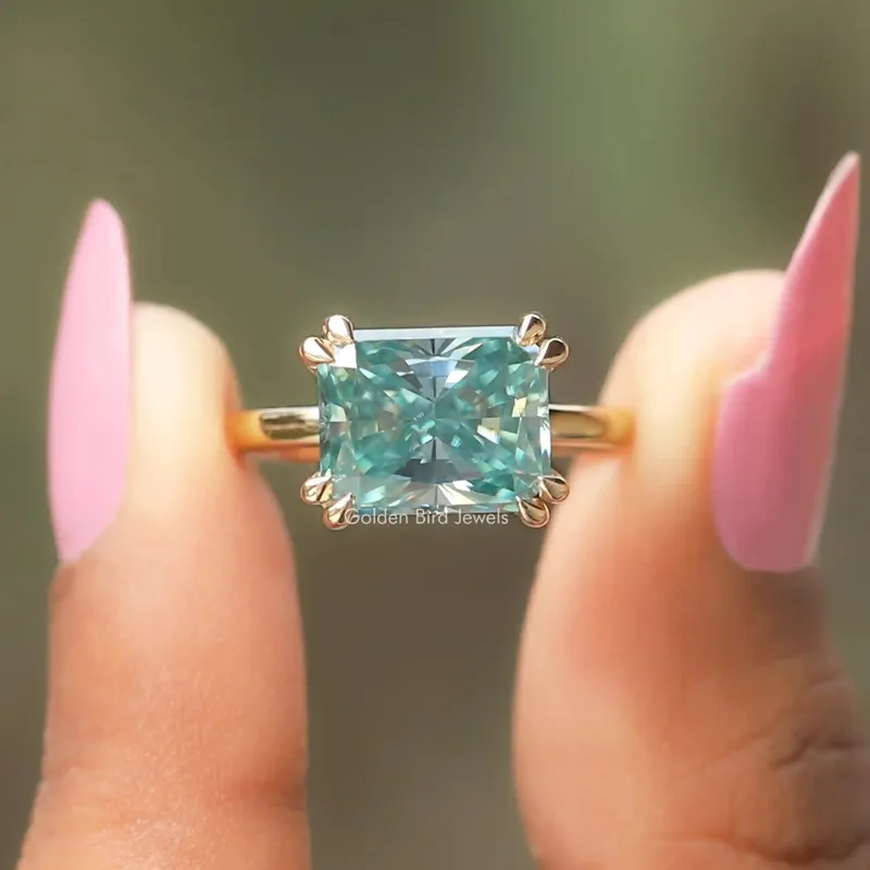 East West Radiant Cut Moissanite Engagement Ring blue engagement ring