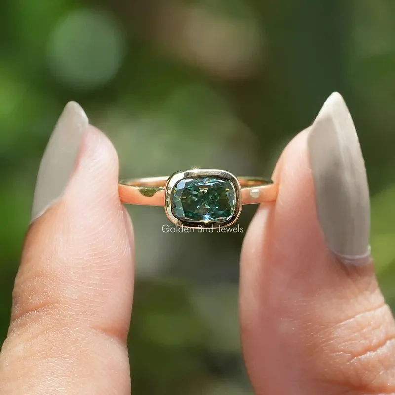 Elongated Cushion Cut Moissanite Bezel Ring blue cushion cut engagement ring