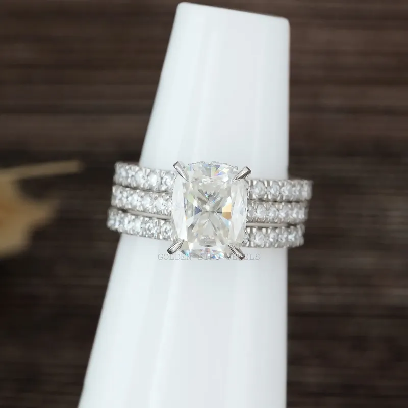 Elongated Cushion Cut Moissanite Engagement Ring Set vy 5