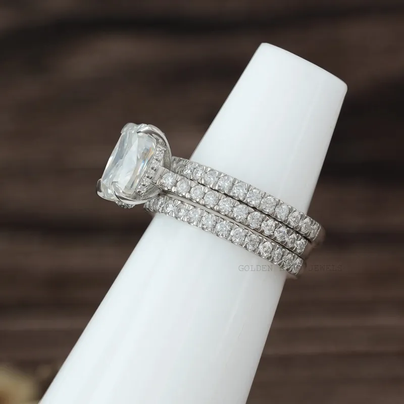 Elongated Cushion Cut Moissanite Engagement Ring Set vy 6