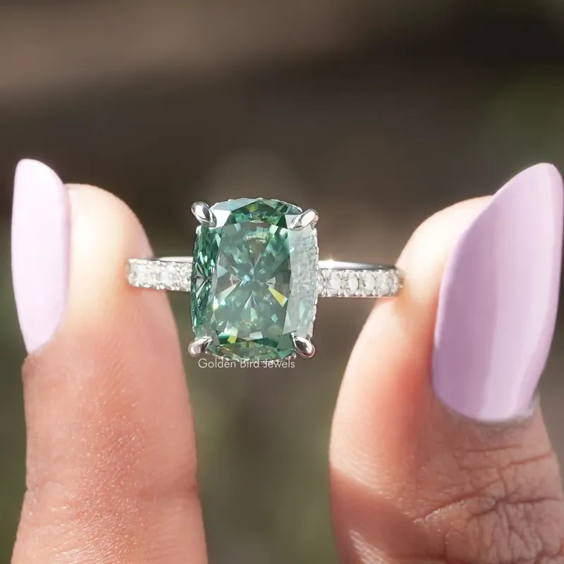 Elongated Cushion Cut Moissanite Hidden Halo Wedding Ring blue cushion cut engagement ring