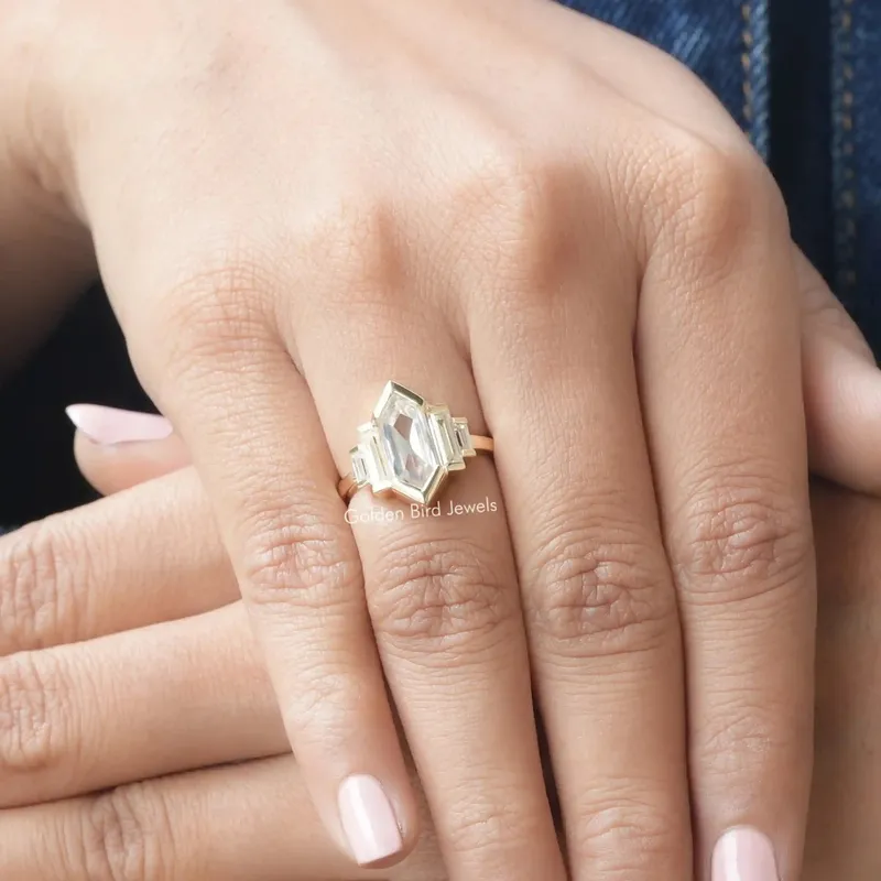 Elongated Hexagon Cut Moissanite Five Stone Ring vy 6