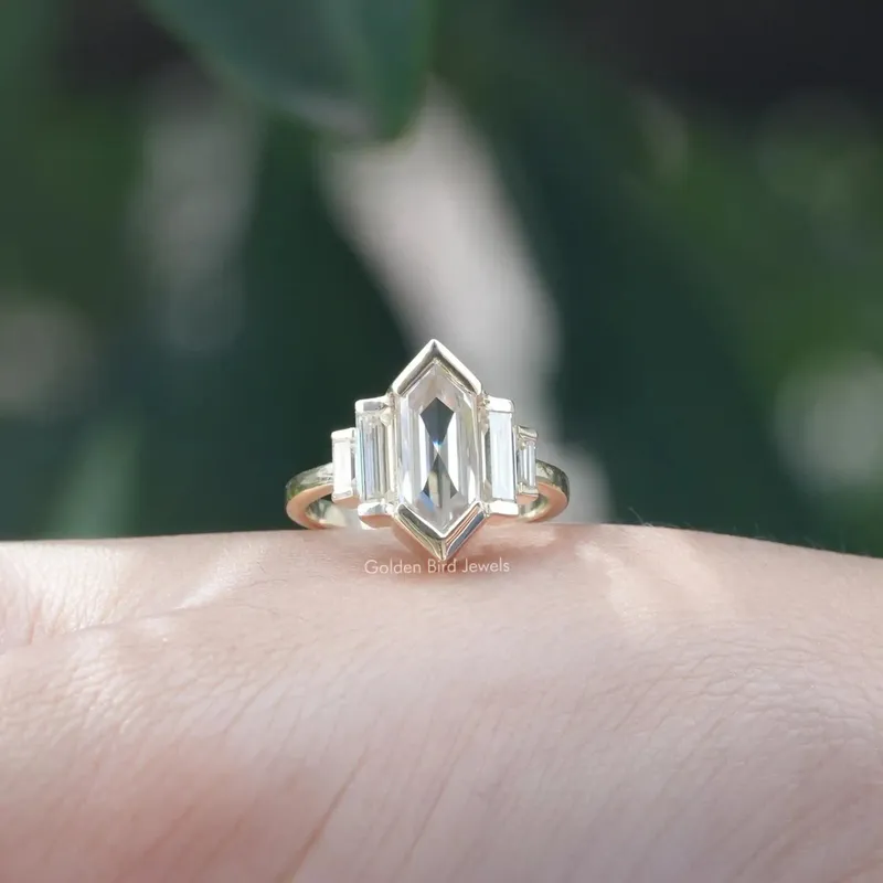 Elongated Hexagon Cut Moissanite Five Stone Ring vy 5
