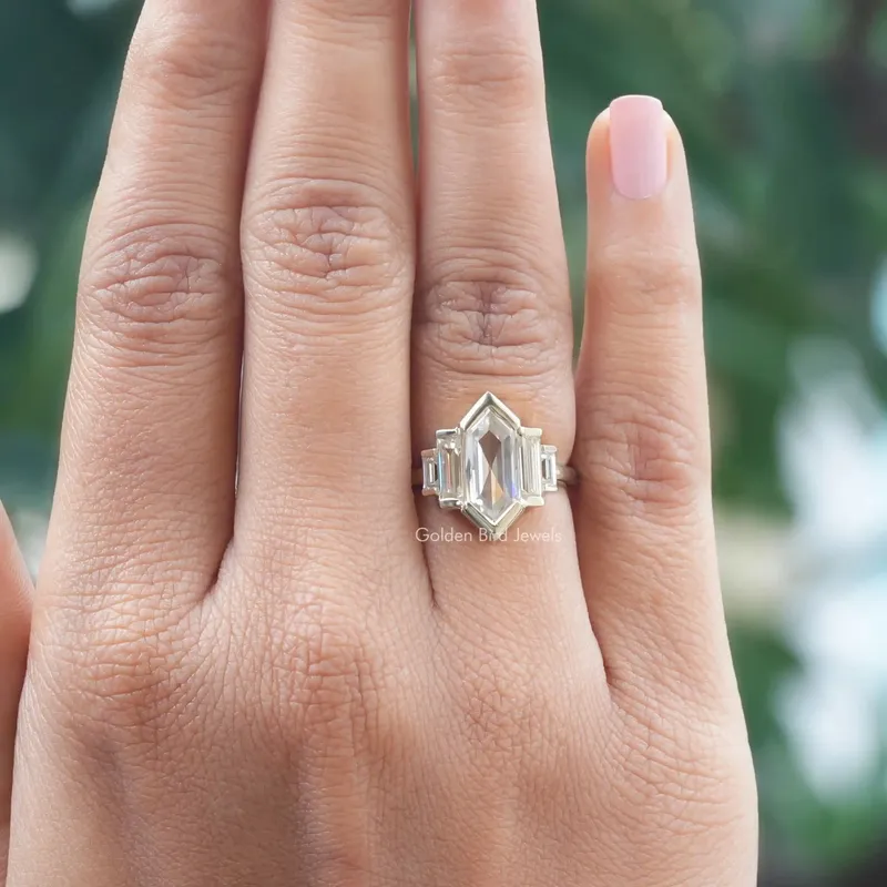 Elongated Hexagon Cut Moissanite Five Stone Ring vy 2