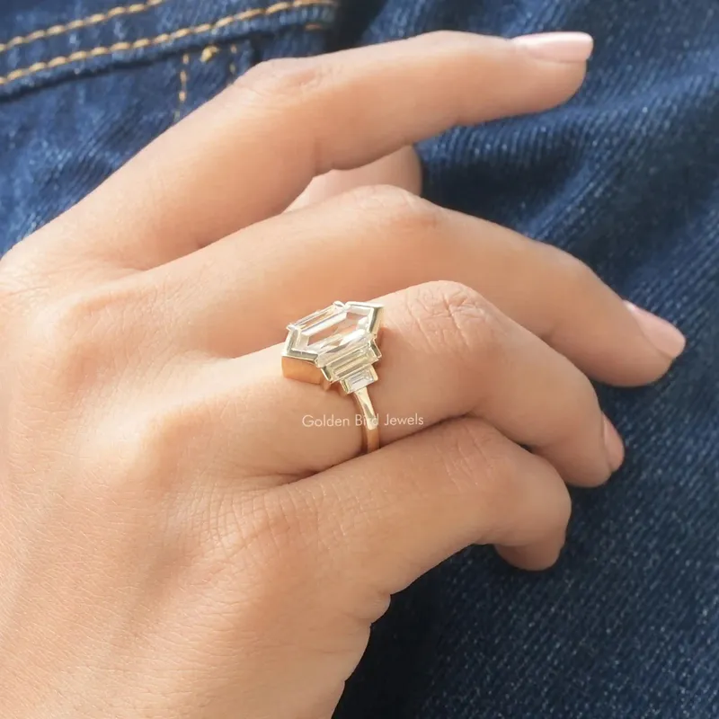 Elongated Hexagon Cut Moissanite Five Stone Ring vy 3